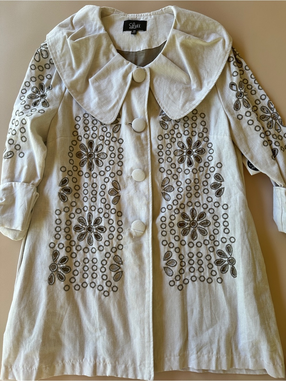Cream linen cotton Embroidered Button-Front Coat with Peter Pan Collar